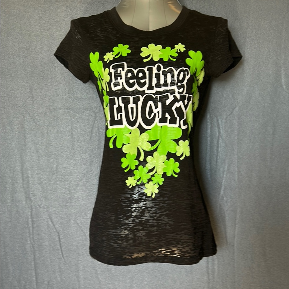 Rocker Girl Black Burnout Tee -"Feeling Lucky" Shamrock Green Graphic-Size M